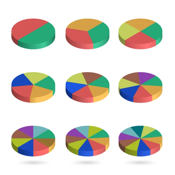 Conjunto de gráficos circulares isométricos a granel. Plantillas realistas gráficos de pastel tridimensionales. Datos de negocios, elementos coloridos para infografías. Vector — Vector de stock