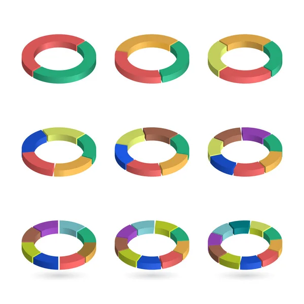 Zestaw luzem izometryczny wykresów kołowych w formie pierścienia. Szablony wykresów kołowych realistyczne trójwymiarowe. Dane biznesowe, kolorowe elementy do infografiki. Wektor — Wektor stockowy