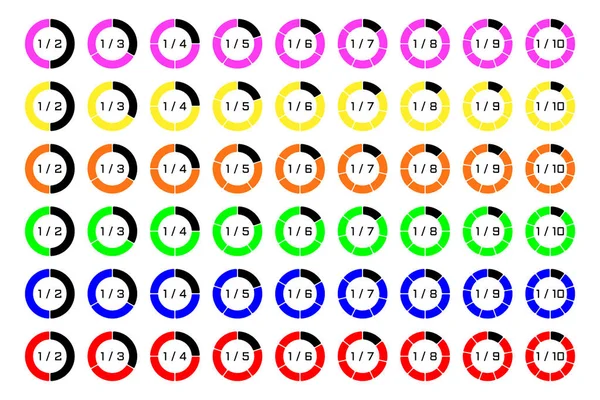 Conjunto de gráficos pastel de colores, en forma de anillo con contorno redondeado, con segmento de compartir. Plantillas gráficas sectoriales en estilo plano. Datos de negocios, elementos coloridos para infografías. Vector — Archivo Imágenes Vectoriales