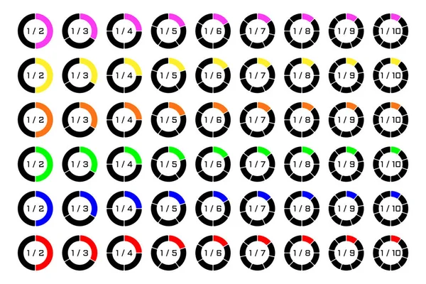 Conjunto de gráficos circulares negros, en forma de anillo con contorno redondeado, con segmento de color de compartir. Plantillas gráficas sectoriales en estilo plano. Datos de negocios, elementos coloridos para infografías. Vector — Archivo Imágenes Vectoriales