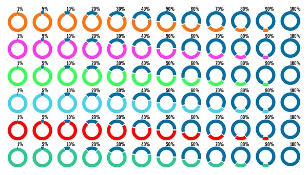 Conjunto de gráficos circulares simétricos azules en forma de anillo con ir más allá de la cuota de segmento de color contorno. Plantillas gráficas sectoriales en estilo plano. Datos de negocios, elementos coloridos para infografías. Vector — Archivo Imágenes Vectoriales