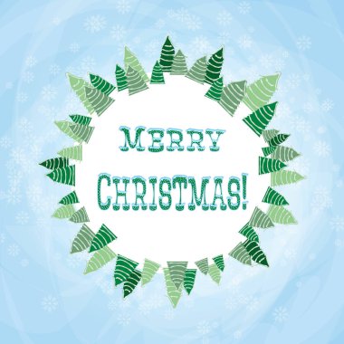 Neşeli Noel tebrik kartı. Noel ağaçları karla kaplı ve kar taneleri. Tasarlamak tatil tebrik kartıyla mutlu Noeller