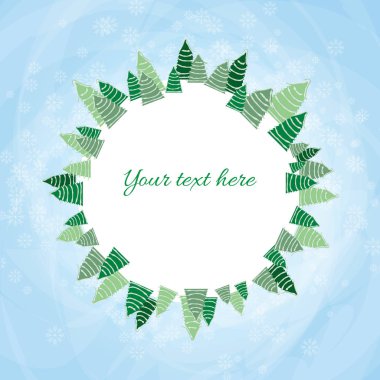 Mutlu Noeller ve mutlu yeni yıl tebrik kartı. Boş şablon metin için yer ile. Noel ağaçları karla kaplı ve kar taneleri. Tasarım ile tatil mutlu Noeller, mutlu yeni yıl tebrik kartı