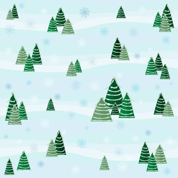 Padrão festivo de inverno com árvores de Natal cobertas de neve e flocos de neve. Design para cartões de felicitações, papel de embrulho de presente, fundo de Natal e Ano Novo —  Vetores de Stock