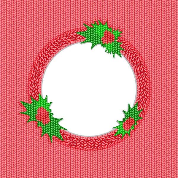 Template greeting card in knitted style. Red pink knitted background with field for text in center of greeting card. Ornament from knitted Holly Berry. Congratulation merry Christmas or happy New Year — Stock Vector