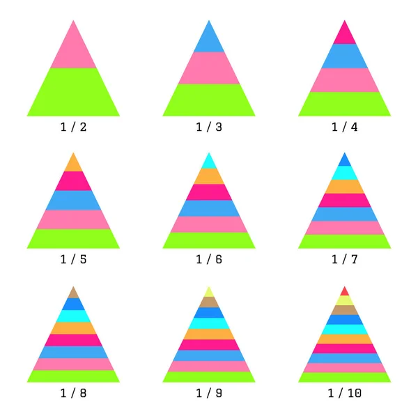 Conjunto de gráficos de pirâmide de camada horizontal coloridos. Modelos gráficos em estilo plano. Elementos coloridos para infográficos — Vetor de Stock