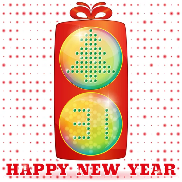 Feliz Año Nuevo, semáforo como caja de regalo, con árbol de Navidad y 31 en bolas lentes. Concepto de Navidad. Vector — Archivo Imágenes Vectoriales