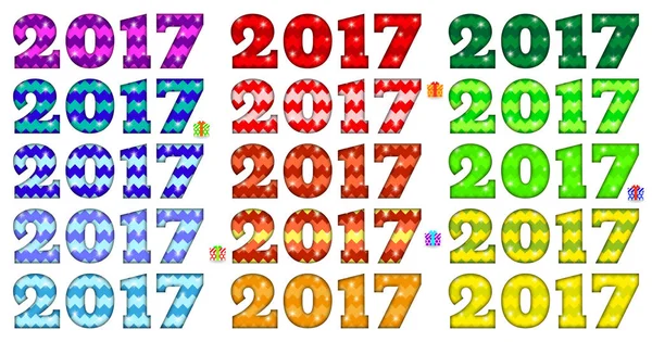 2017 jasne napisy w podobne kolory, zygzak wzór z świecące flary. Elementy projektu kolorowe, kolorowe szablony Data nowy 2017. Czerwony, zielony, niebieski, pomarańczowy, żółty, fioletowy. Wektor — Wektor stockowy