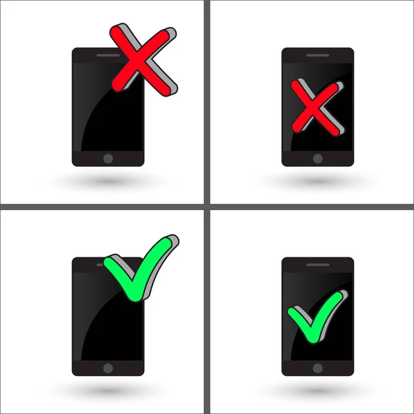 Smartphone z Mark X i V. Green haki, czerwone krzyże, zestaw kolorów. Ilustracja wektorowa płaski, na białym tle. Tak nie ikony dla witryn internetowych lub aplikacji. Prawo źle na telefon komórkowy — Wektor stockowy