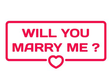 Bana rozet kalp simgesi düz vektör çizim üzerinde beyaz arka plan ile evlenmek olacak. Düğün Tema iletişim balonu içinde. Kartlar, Davetiyeler, afiş, etiketleri, blog makale için romantik tırnak damgasını