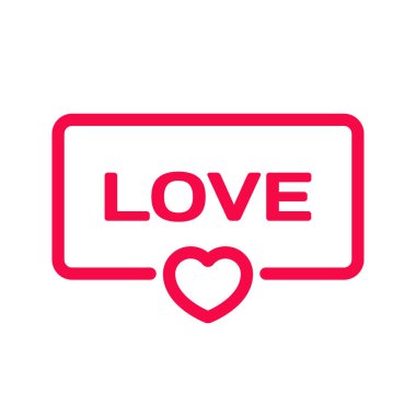 Beyaz arka plan üzerinde kalp simgesi düz vektör çizim ile rozet seviyorum. Düğün Tema iletişim balonu içinde. Kartlar, Davetiyeler, afiş, etiketleri, blog makale için romantik tırnak damgasını