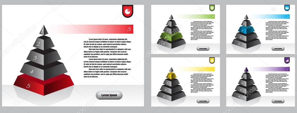 Infographic flyer templates. Business vector elements. Use in website, corporate brochure, advertising and marketing. Isometry symmetrical pyramid charts, diagram 5 levels