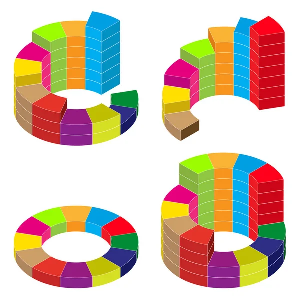 Conjunto de gráficos circulares isométricos de color con trazo blanco. Elementos de infografía para negocios. Vector — Vector de stock