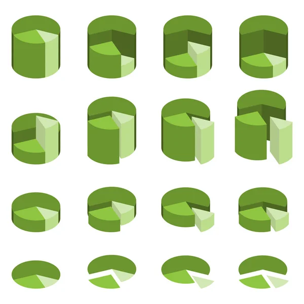 Set di grafici a torta isometrici verdi sfusi con segmenti separati. Modelli grafici settoriali. Elementi di infografica per il business. Vettore — Vettoriale Stock