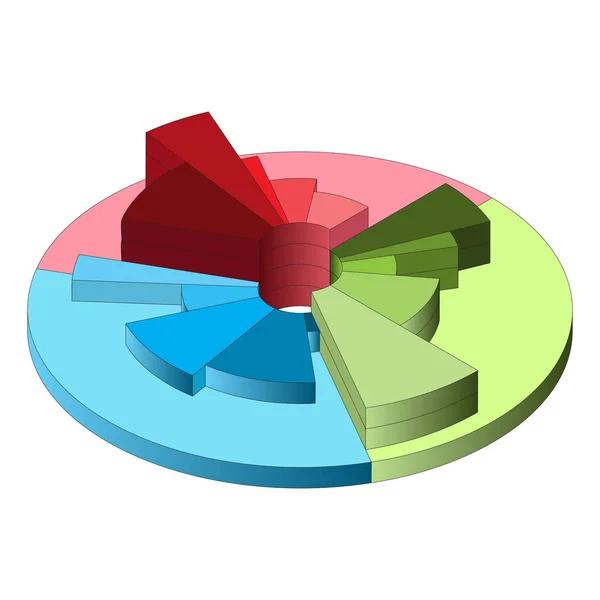 Grafico a torta sfusa con tre segmenti radiali. Diagramma isometrico diverse altezze e gradazione di colore. Modello grafico a torta tridimensionale realistico. Elementi di infografica per il business. Vettore — Vettoriale Stock