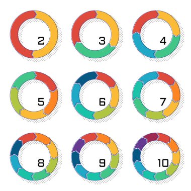 Pasta grafikleri geçiş ok formunda, kontur ve yarı ton gölge çıkarılması ile kümesi. Renkli öğeleri infographics için. Vektör