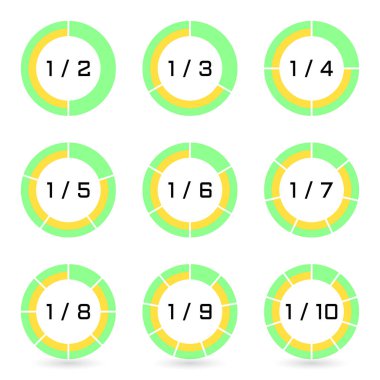 Yeşil kesimli halka diyagramları seçili kesir ile ayarlayın. Düz stil şablonları Sektörel grafiklerde. Renkli öğeleri infographics için. Vektör