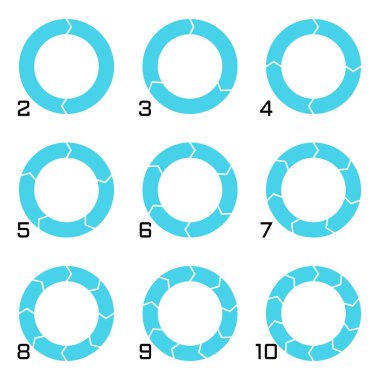 Set of pie charts with transition in arrow form. Templates sectoral graphs in flat style. Colorful elements for infographics. Vector clipart