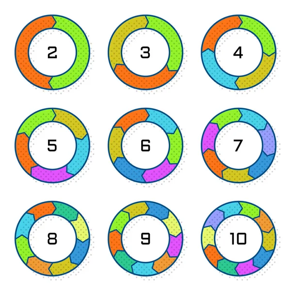 Conjunto de gráficos de torta com transição na forma de seta e sombra de meio-tom. Modelos gráficos sectoriais em estilo plano. Elementos coloridos para infográficos. Vetor — Vetor de Stock