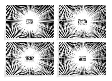 Set comic book speed lines radial background with effect power explosion. Geometric monochrome illustration of random abstract shapes. Free space in the center for your text clipart