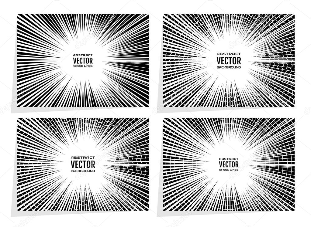 Set comic book speed lines radial background with effect power explosion. Geometric monochrome illustration of random abstract shapes. Free space in the center for your text