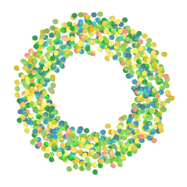 Ronde ring van veelkleurige confetti. Abstract kleurrijk explosie van confetti, geïsoleerd op een witte achtergrond. Vrije ruimte in het centrum voor tekst. Abstracte achtergrond met vele vallende stukken van de kleine confetti — Stockvector