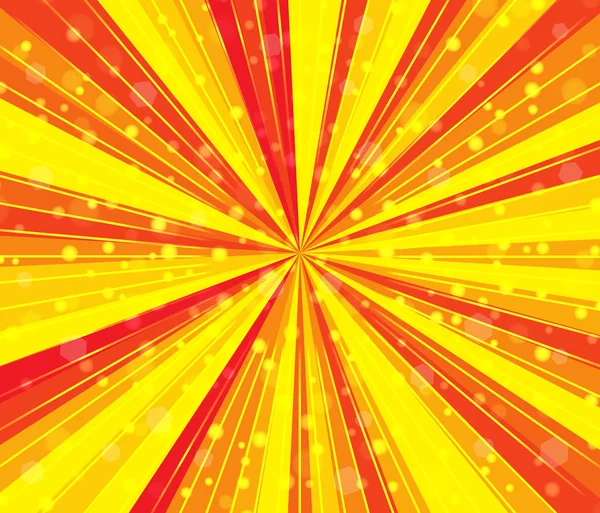 Snelheid van de radiale lijnen met focus in het midden. Abstracte achtergrond met fel rood geel kleuren stralen, strepen. Zoomeffect. Achtergrond met vele kleine confetti vallende stukken, bokeh. Vector — Stockvector