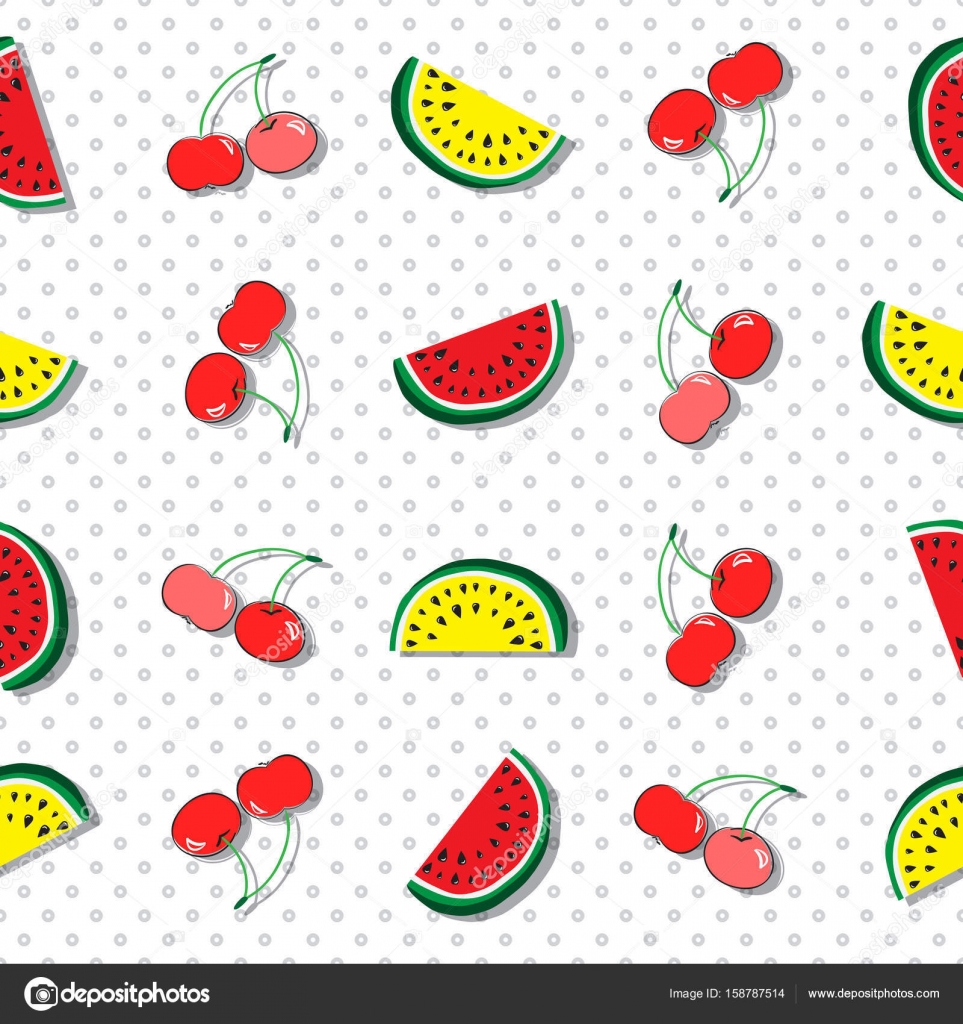 Modello senza cuciture di succose fette di anguria rossa e gialla e ciliegie Concetto di Ciao estate Priorit  bassa astratta di frutta — Vettoriali di
