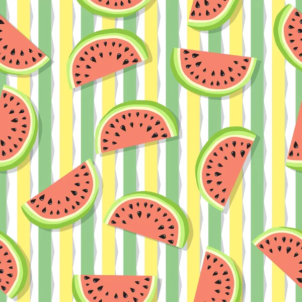 Lindo patrón sin costuras de jugosas rebanadas de sandía y rayas verticales. Concepto de Hola Verano. Fondo abstracto de fruta, ilustración vectorial — Archivo Imágenes Vectoriales