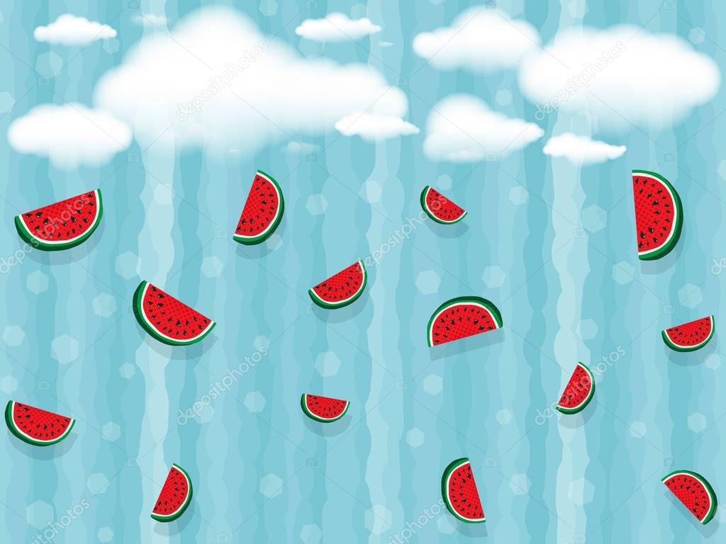 White clouds and many falling juicy slices of watermelon pieces on background of vertical wavy strips of blue color, bokeh. Concept of Hello Summer. Fruit abstract background, vector illustration