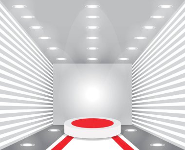 Boş oda. Podyum ile sergi sunum odası. Boş Kaide ödül töreni için. Yuvarlak podyum ürün reklam için. Sahne aydınlatma. Vektör çizim