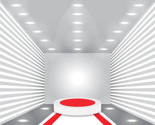 Empty studio room. Exhibition presentation room with podium. Empty pedestal for award ceremony. Round podium for product advertising. Scene illumination. Vector illustration