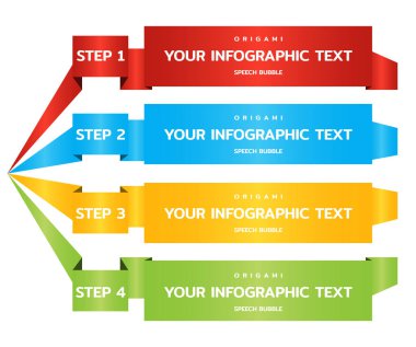 Origami renkli kağıt bant 4 adımlar, seçenekleri, aşamaları, iş Infographic için parçalar. Numaralandırılmış başlık sayfası şablonu. Vektör