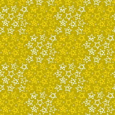 Dikişsiz kareli sarı arka plan ile büyük ve küçük yıldız. Desen kumaş ya da giyim için. Vektör