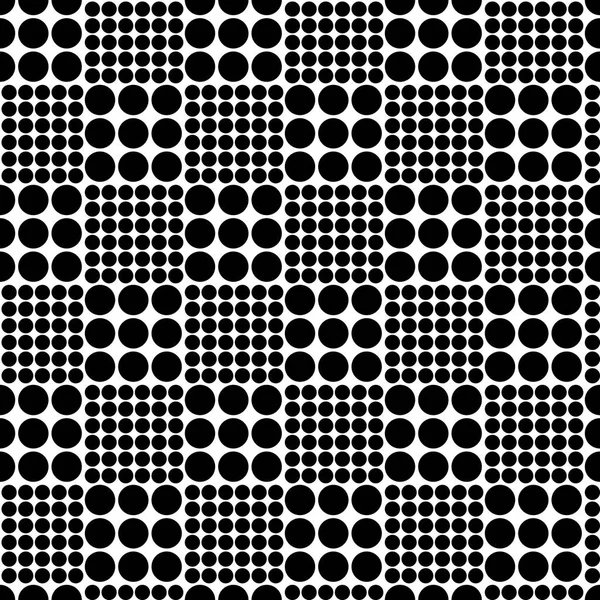 Patrón de ajedrez sin costura abstracto de círculos de diferentes tamaños. Textura geométrica simple en blanco y negro para tela o ropa. Vector — Vector de stock