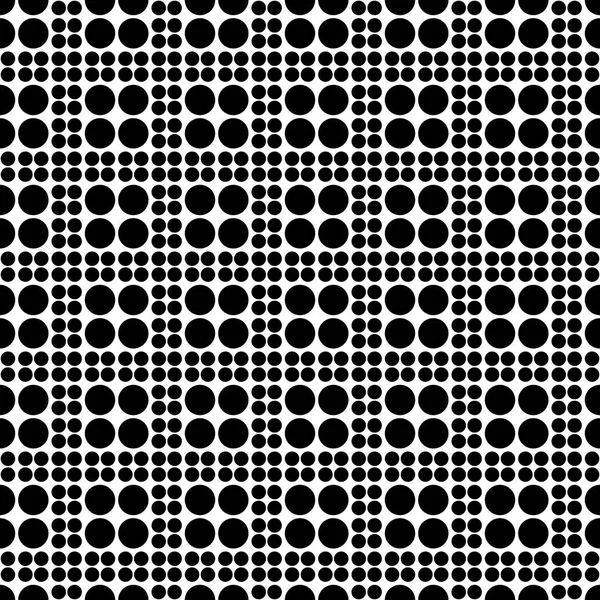Abstraktní vzor bezešvé kostkované z kruhů různých velikostí. Jednoduché černé a bílé geometrické texturu tkaniny nebo oděv. Vektor — Stockový vektor