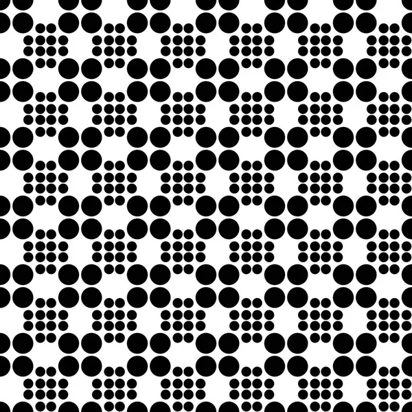 Abstrahieren nahtlose Muster aus Raster von Kreisen unterschiedlicher Größe. einfache schwarz-weiße geometrische Textur für Stoff oder Kleidung. Vektor — Stockvektor