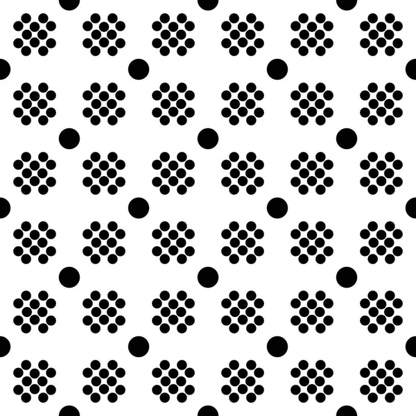 Patrón sin costura abstracto de la rejilla de círculos de diferentes tamaños. Textura geométrica simple en blanco y negro para tela o ropa. Vector — Vector de stock