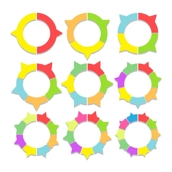 Conjunto de gráficos pastel de colores en forma de anillo. Plantillas gráficas sectoriales en estilo plano. Elementos coloridos para infografías. Vector — Archivo Imágenes Vectoriales