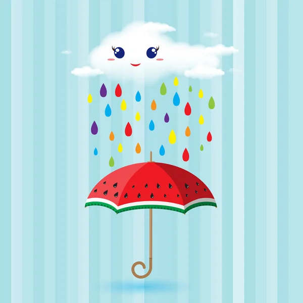 Pequena nuvem bonito e gotas de chuva coloridas cair em uma melancia guarda-chuva. Conceito de humor de verão — Vetor de Stock