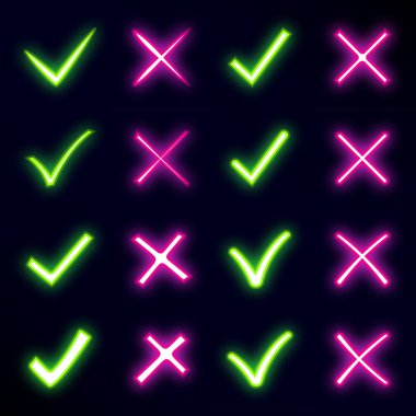 Parlak parlak neon işareti X ve V. dizi yeşil neon kanca ve kırmızı neon haçlar. Evet ve Web siteleri için simge yok