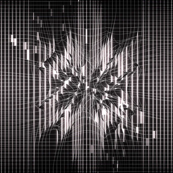 Black abstract background. Neural network, matrix. Glowing lines. Futuristic design. Perturbation of space. Mesh distortion. Explosion lights. Illustration