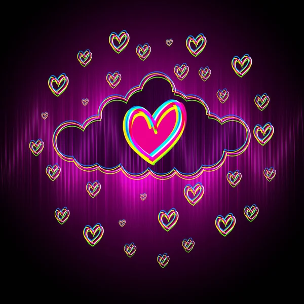 Tarjeta de felicitación romántica para San Valentín. Múltiples siluetas multicolores de corazones sobre fondo rosa oscuro. Una explicación en el amor. Pensamientos de amor. Banner de boda — Vector de stock