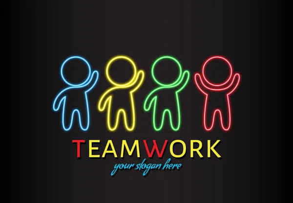 Teamwork kleurrijke logo. Vier gestileerde menselijke figuren met neon gloed geïsoleerd op donkere achtergrond. Groep van de vriendelijke hulp en ondersteuning. Heldere ontwerpelement voor presentaties, jaarverslag, dialoog — Stockvector