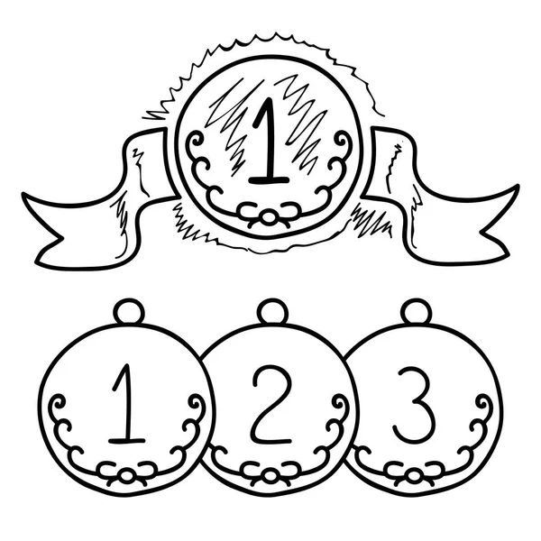 Médaille gagnante avec ruban en croquis. Sport dessiné à la main ou élément de design de prix d'affaires isolé sur blanc. Vecteur — Image vectorielle
