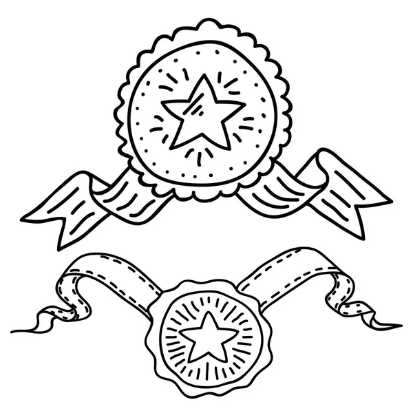 Médaille gagnante avec étoile et ruban en croquis. Sport dessiné à la main ou élément de design de prix d'affaires isolé sur blanc. Vecteur — Image vectorielle