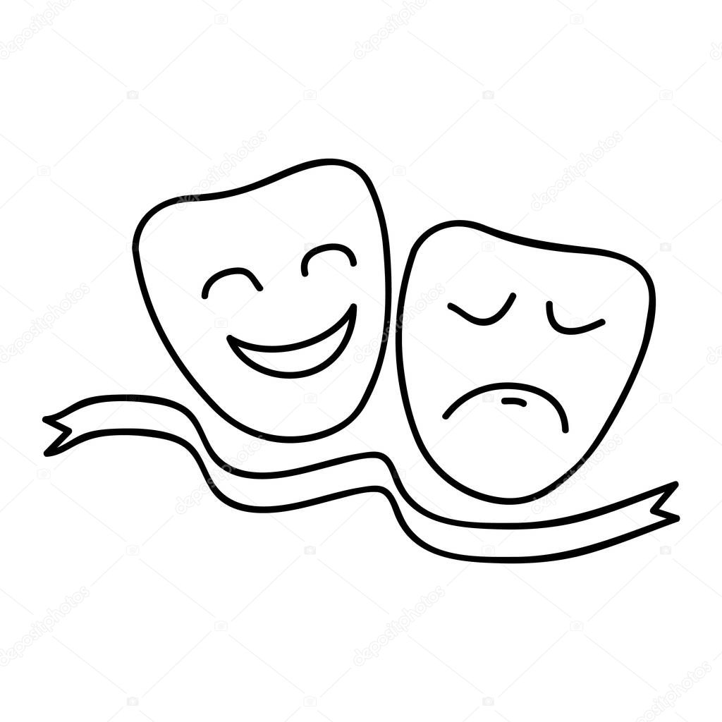 Theater masks of Comedy and Tragedy. Hand drawn icon, simple sketch. Isolated vector