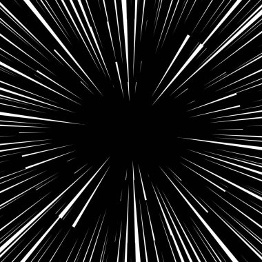 Metin için alanı olan hız çizgileri arkaplanı. Çizgi roman, manga için hareket çizgileri. Çerçevenin merkezinden gelen radyal ışınlar patlama etkisi yaratıyor. Web ve baskı tasarımı için şablon. Siyah ve beyaz vektör
