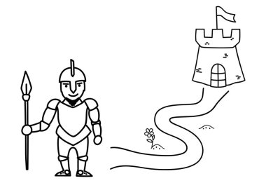 Labirentli siyah renkli sayfalar. Karikatür şövalyesi ve kale. Çocuk eğitimi sanat oyunu. Beyaz arkaplanda şablon tasarımı. Taslak vektör