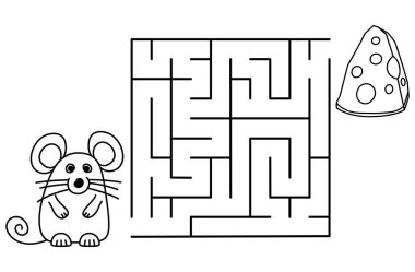 Labirentli siyah renkli sayfalar. Çizgi film faresi ve peyniri. Çocuk eğitimi sanat oyunu. Beyaz arka planda evcil hayvanı olan şablon tasarımı. Taslak vektör